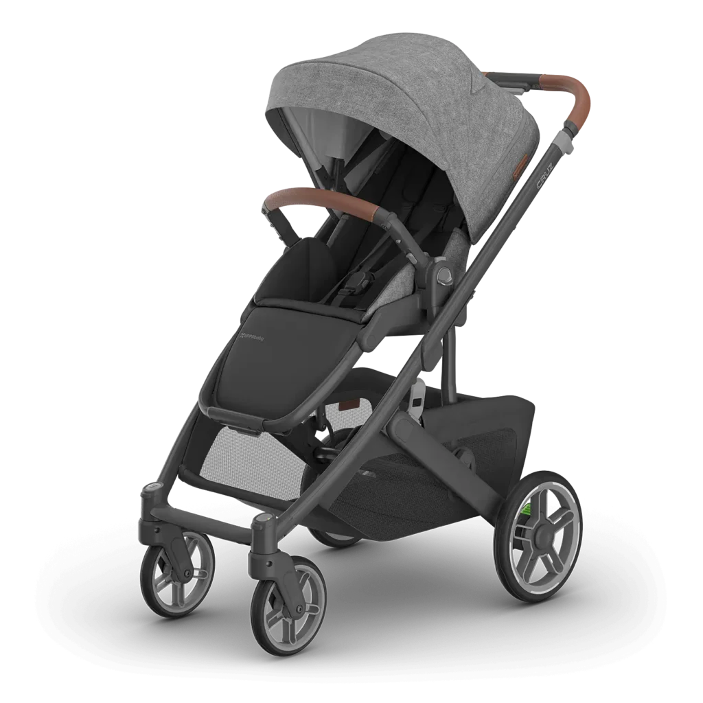 UPPAbaby Cruz V3 pushchair in Greyson (Charcoal Mélange) with carbon frame and saddle leather handlebar