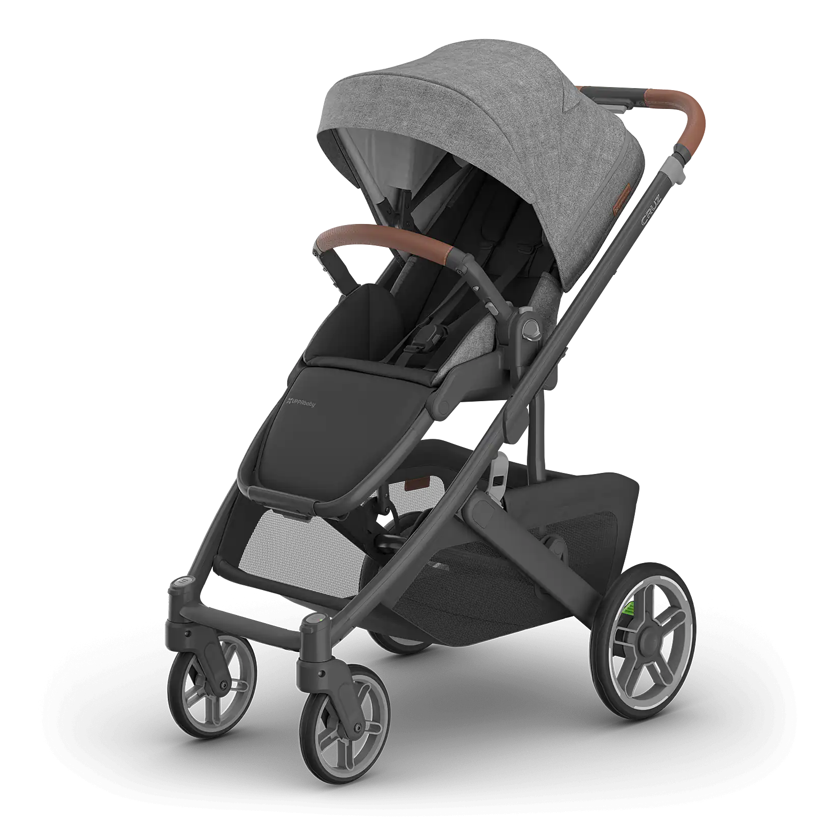 UPPAbaby Cruz V3 pushchair in Greyson (Charcoal Mélange) with carbon frame and saddle leather handlebar