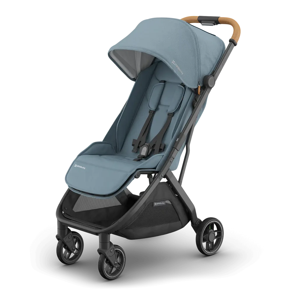 UPPAbaby Minu V3 compact pushchair in Dillan (Stone Blue) with carbon frame and sand leather handlebar