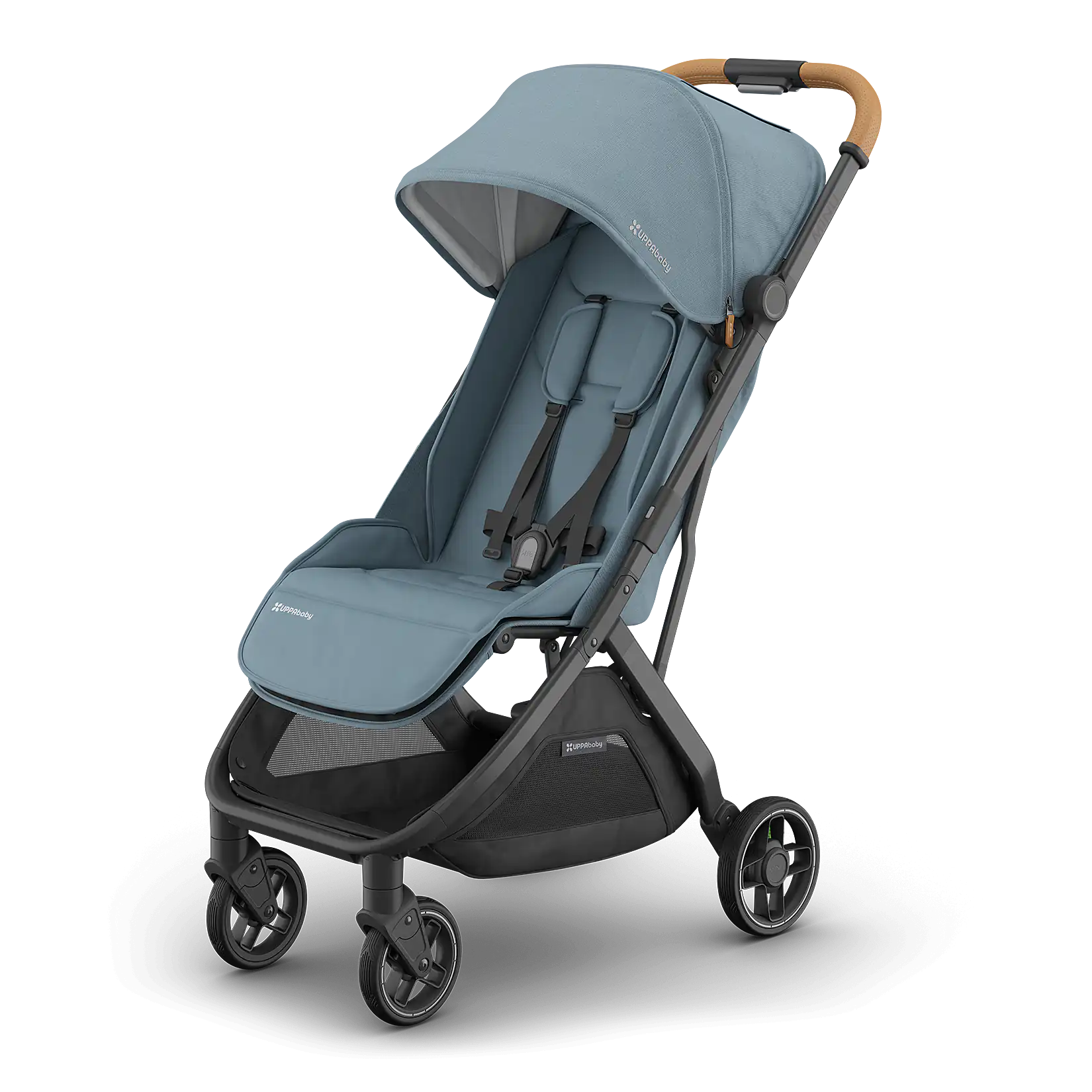 UPPAbaby Minu V3 compact pushchair in Dillan (Stone Blue) with carbon frame and sand leather handlebar