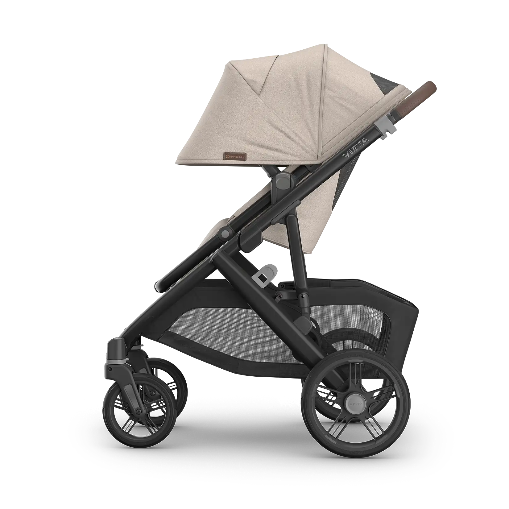 UPPAbaby Vista V3 pushchair in Ada (Sandstone Mélange) with carbon frame and chestnut leather handlebar, side view